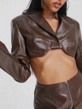 Soia & Kyo Brown Cropped Faux Leather Blazer